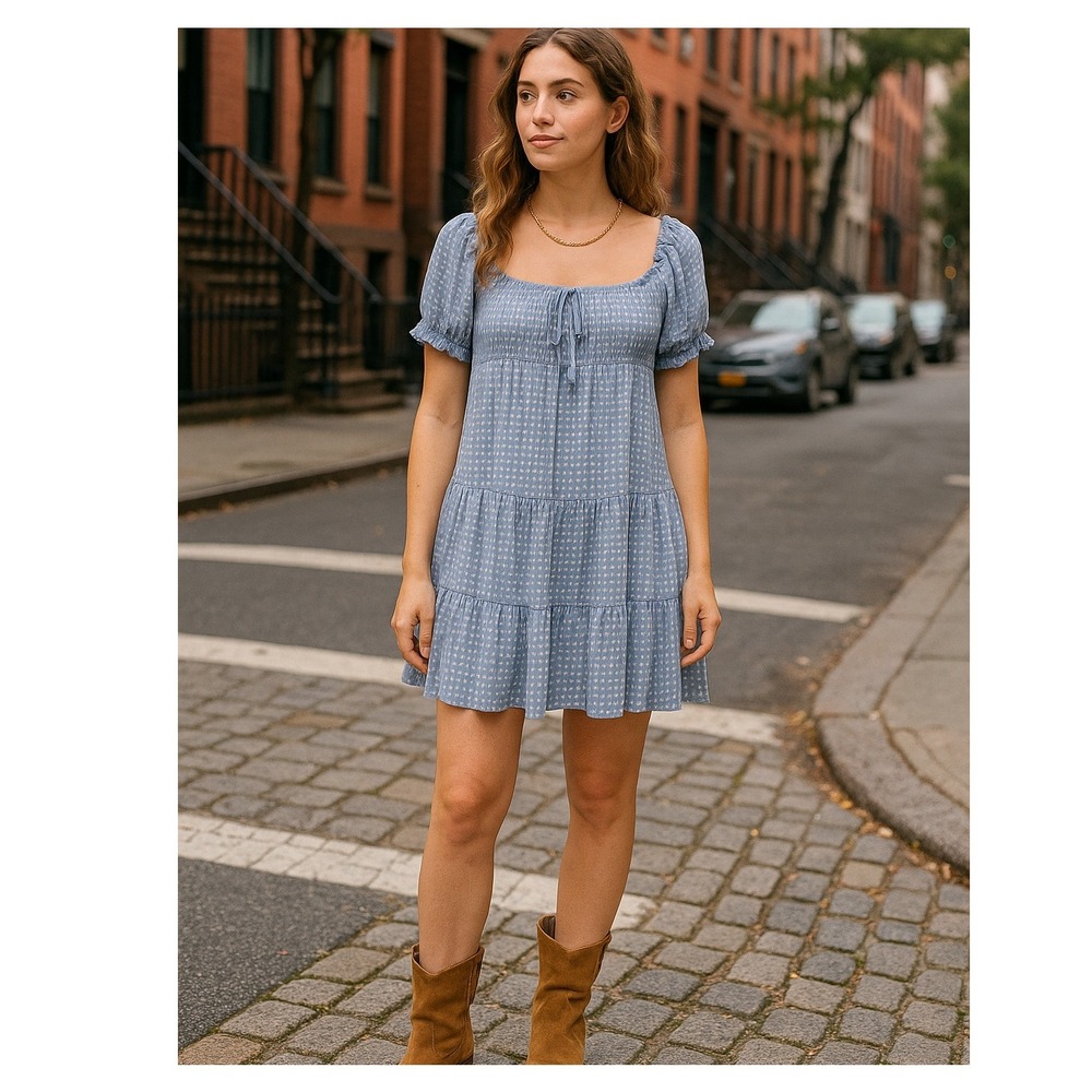 The Impeccable Pig Blue Smocked Boho Mini Dress S Tiered Puff Sleeve Cottagecore